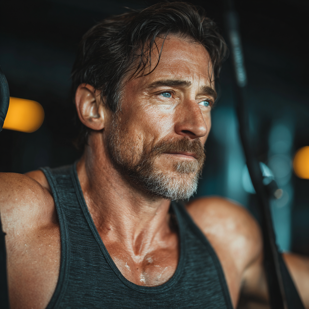 Focused middle-aged man performing functional training exercises in a modern gym setting
